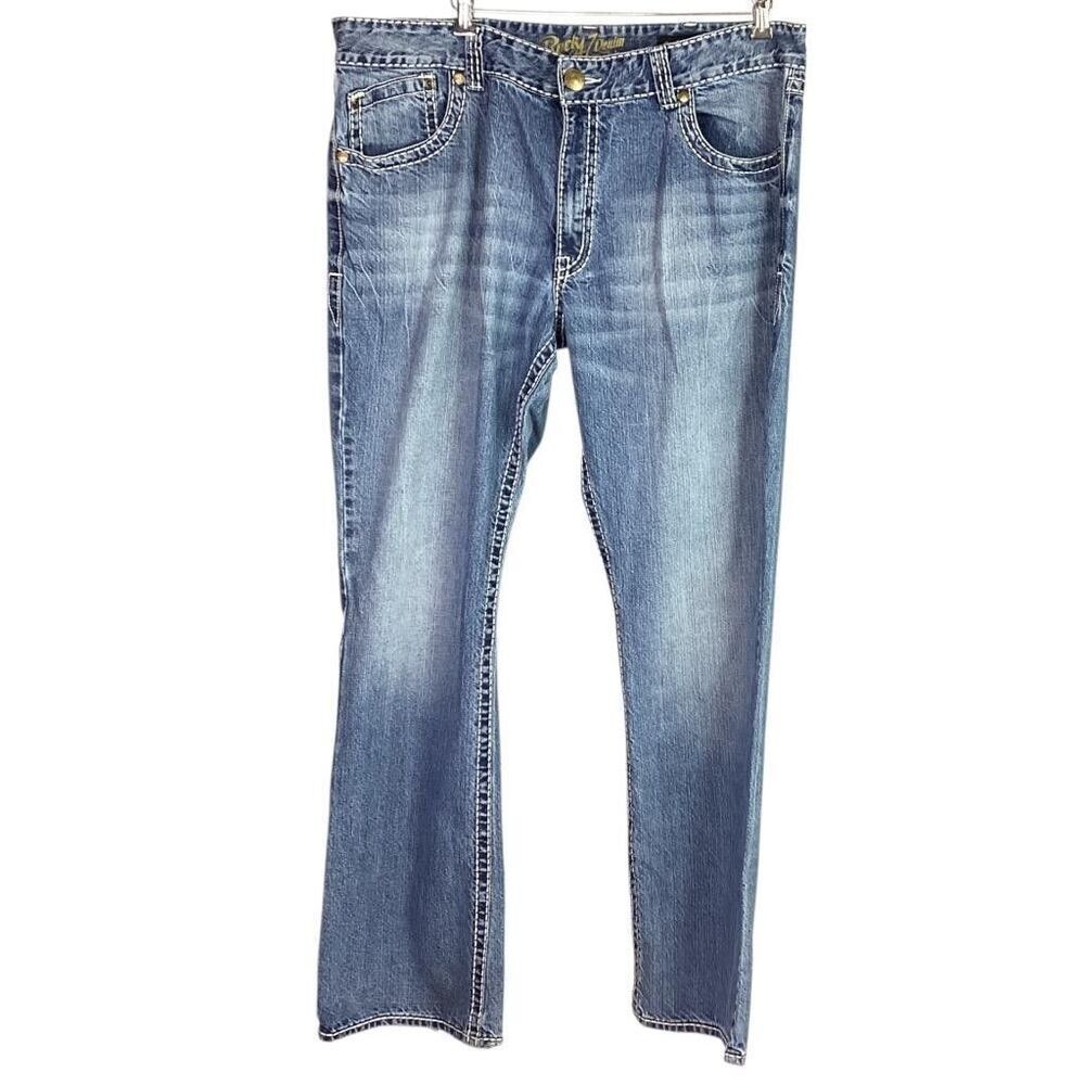 Wrangler Rock 47 Jeans Men 40X34 Blue Western Embroidery Bootcut Frayed Creased